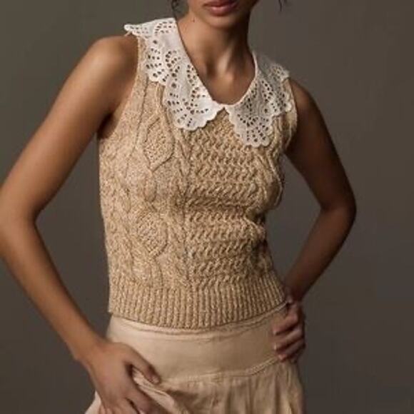 Anthropologie Beige Sleeveless Lace Collar Preppy Cable Knit Sweater Size XS - Picture 1 of 8